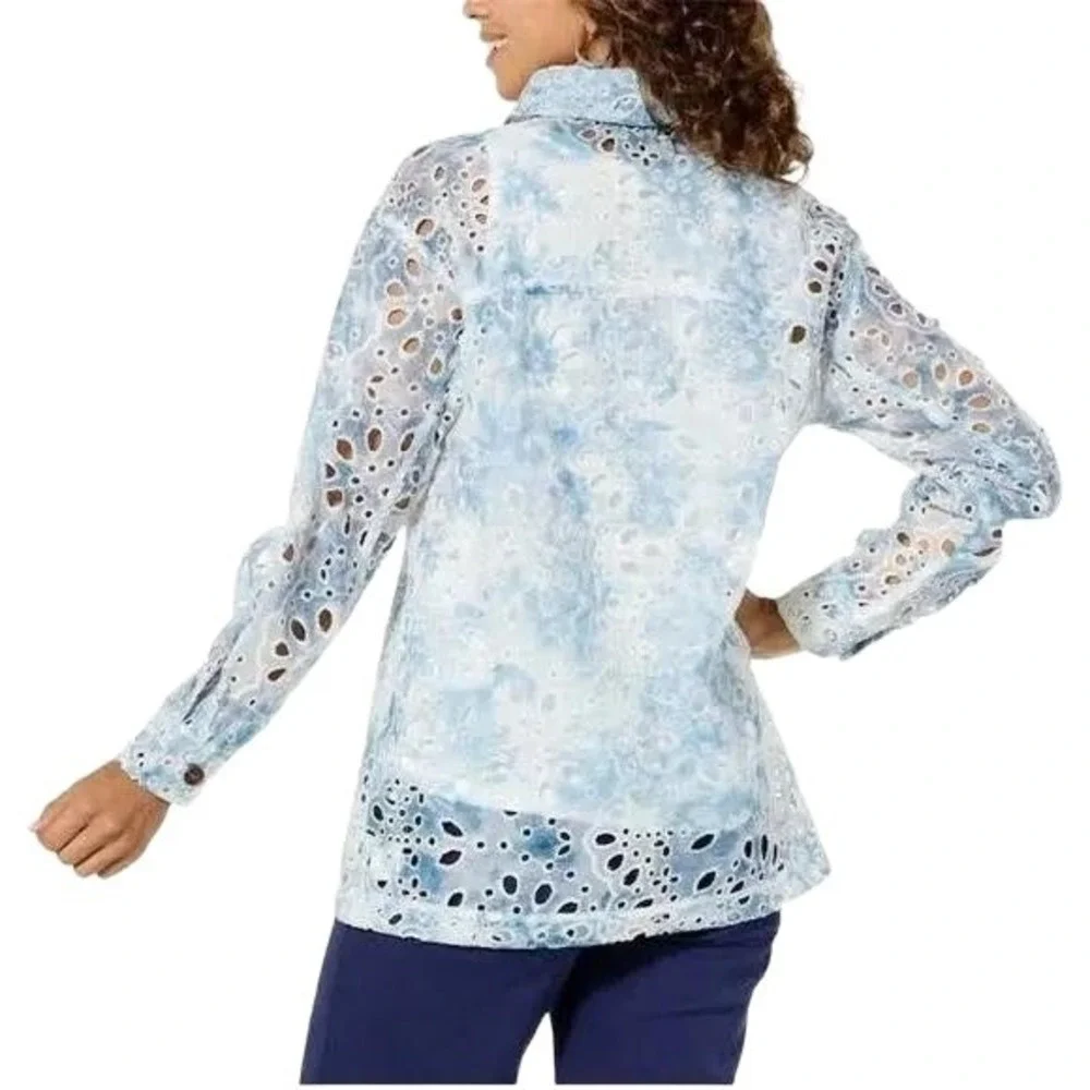 NWT Kathy Ireland Blue Eyelet Collared Button Front Chic Jacket - Picture 3 of 3